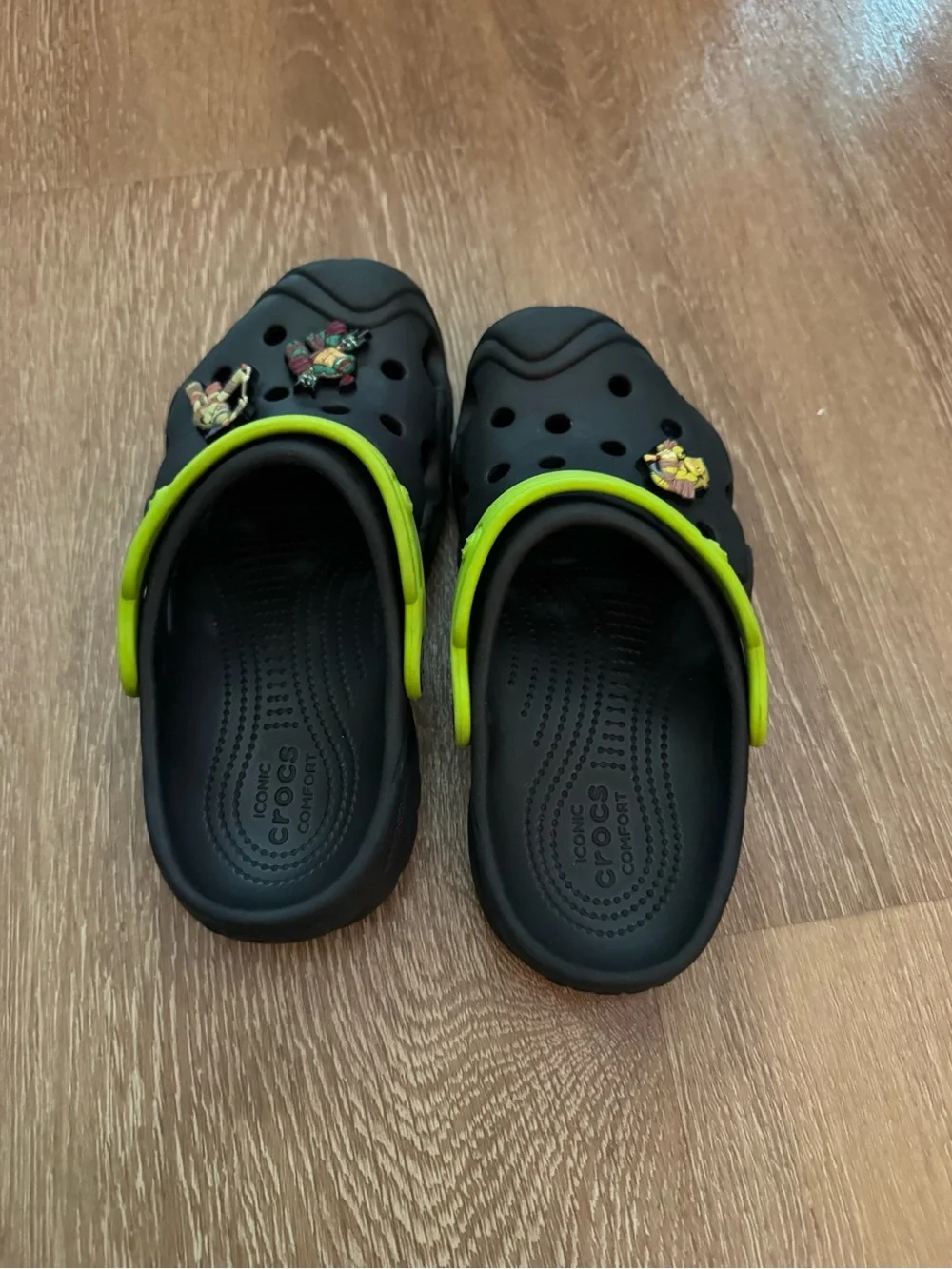 CROCS Kids Black Clogs with Lime Green Heel Strap